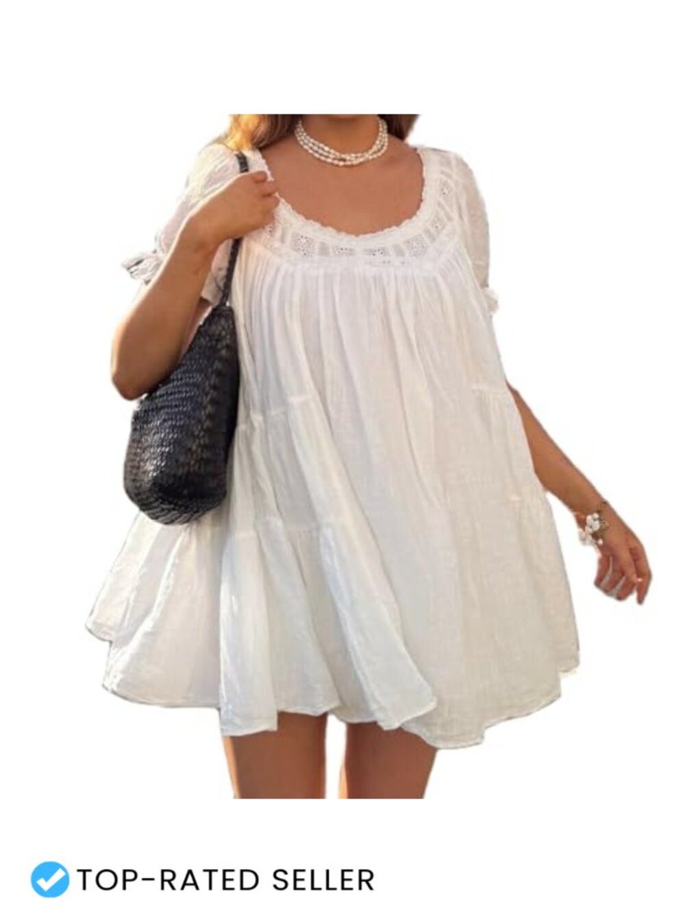 Women Puff Sleeve Babydoll Mini Dress Lace Trim Ruffle Flowy A-Line